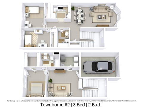3d floor plans of a townhome with bedrooms and baths and a car